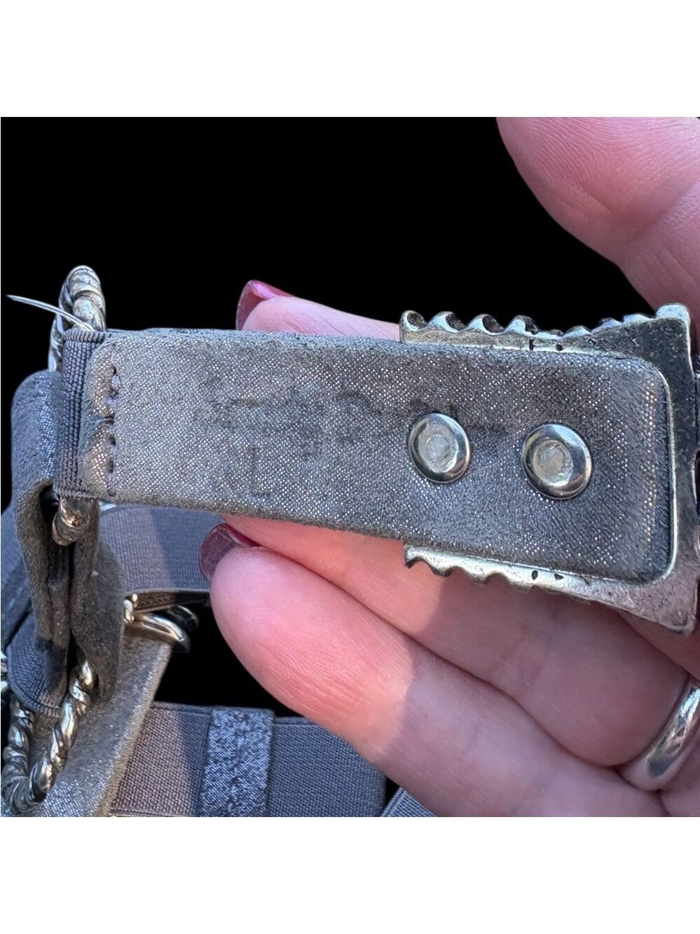 Sandy Duftler-size large vintage T-bar belt. Leather, elastic, metalwork. EUC! - Picture 6 of 8